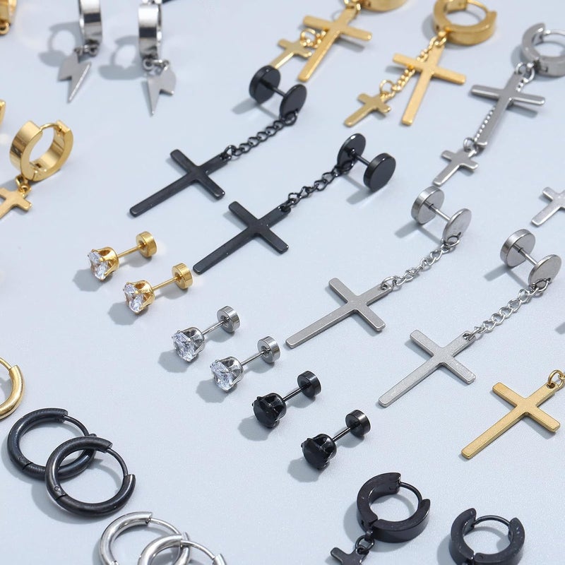 NEWITIN 24 Pairs Stainless Steel Earrings for Men Hypoallergenic Inlaid Cubic Zirconia Studs Hoop Earring Cross Dangle Earrings Unisex Punk Stud Earring for Women Men - Image 3